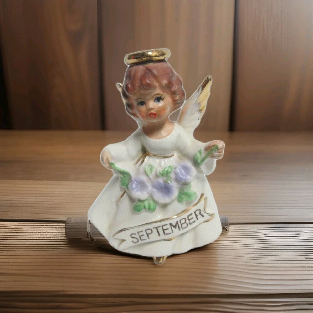 VTG Enesco September Angel Violet Garland Hand Painted 4" Tall - Japan NO TAG